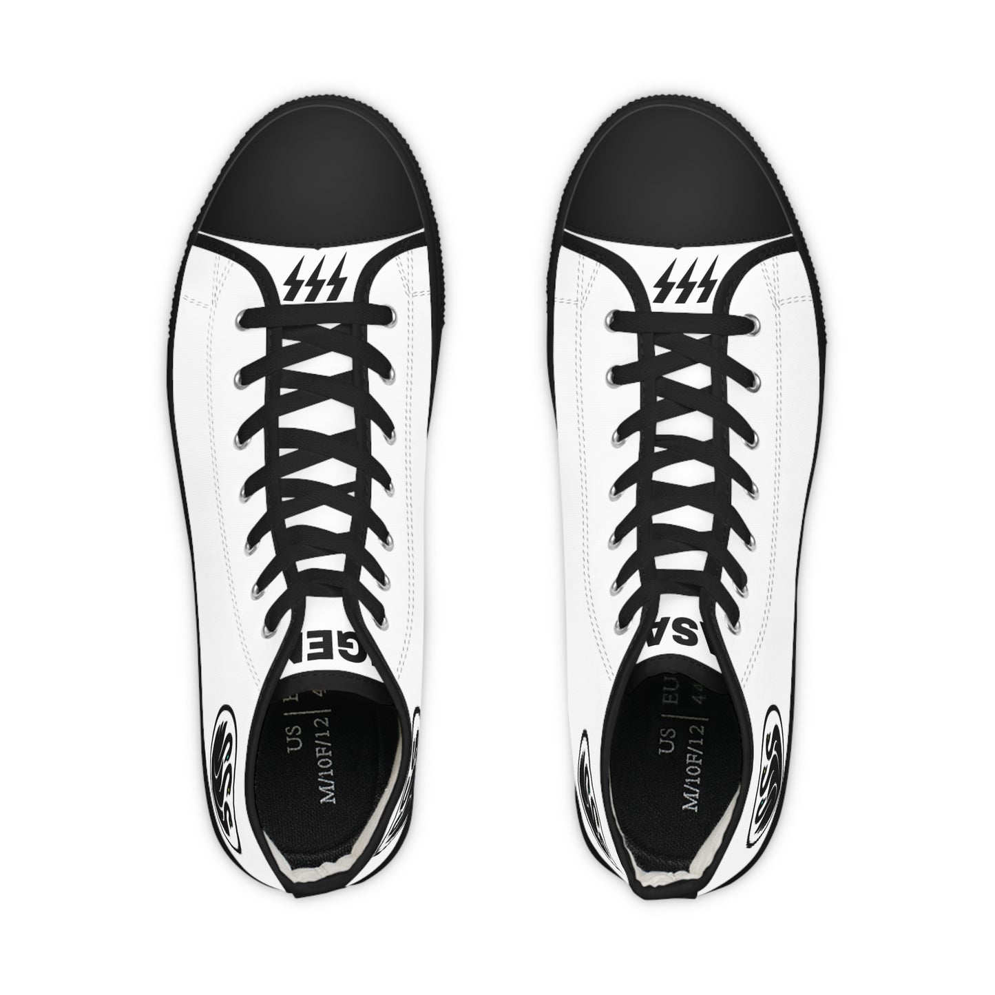 Pair of black and white sneakers with visible branding on a white background