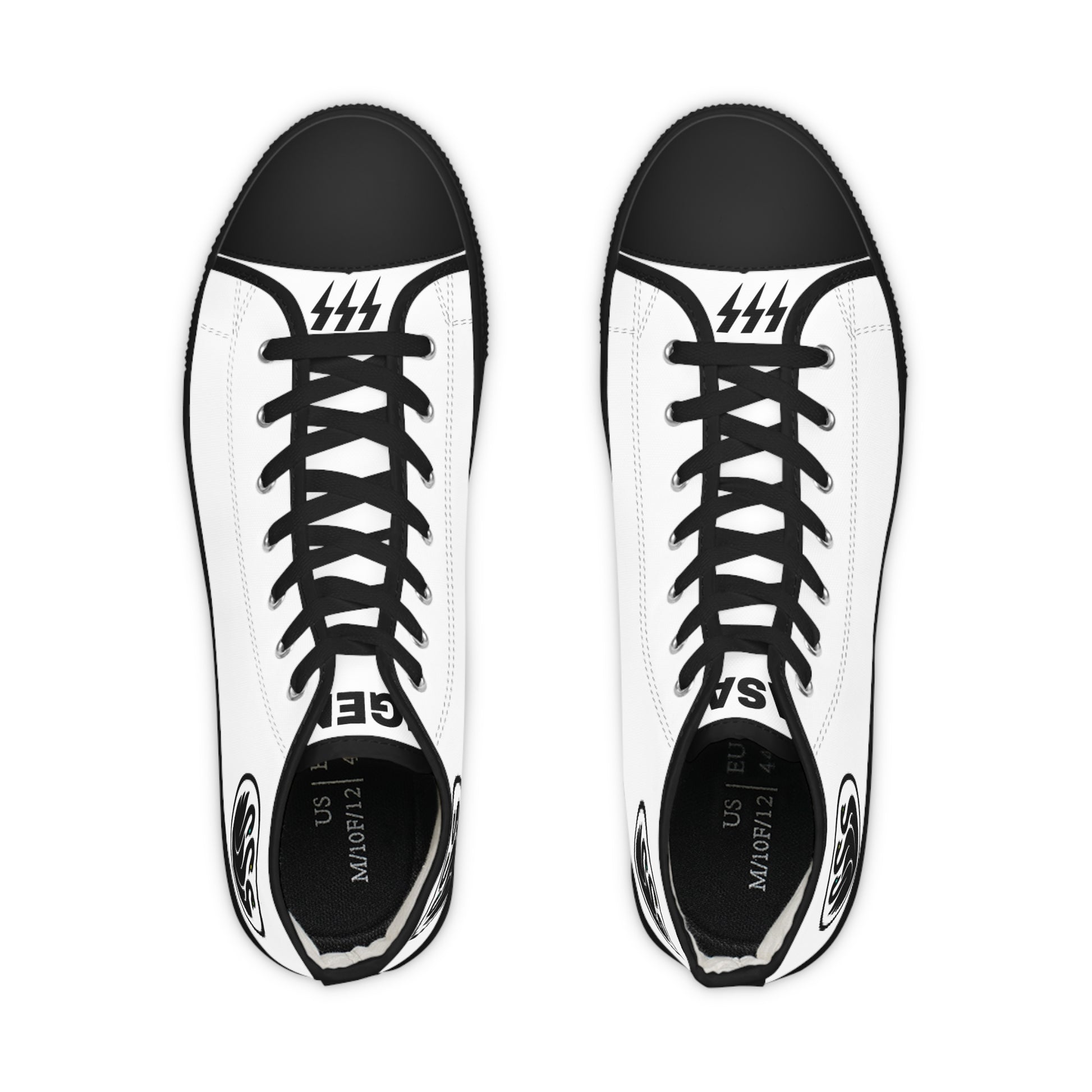 Pair of black and white sneakers with visible branding on a white background